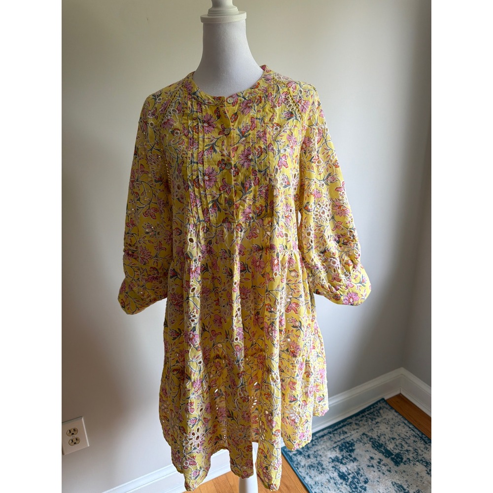 dRA Los Angeles Yellow Floral Eyelet Cotton Tiered Mini Dress DS0733F Womens